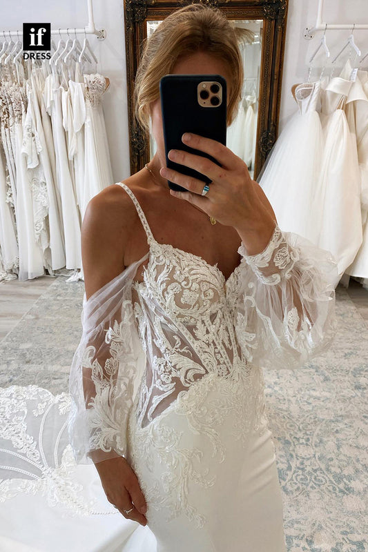 31553 - Romantic Spaghetti Straps Long Sleeves Lace Appliques Wedding Dress