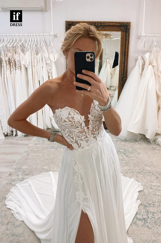 31554 - Illusion Off-Shoulder V-Neck Side Split Lace Appliques Wedding Gown