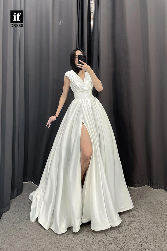 31557 - Charming A-Line High Split V-Neck Satin Pleats Wedding Dress