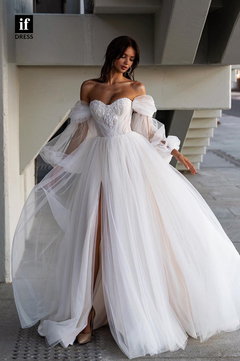 31561 - Trendy Off-Shoulder Sweetheart Cap Sleeves Tulle Wedding Gown