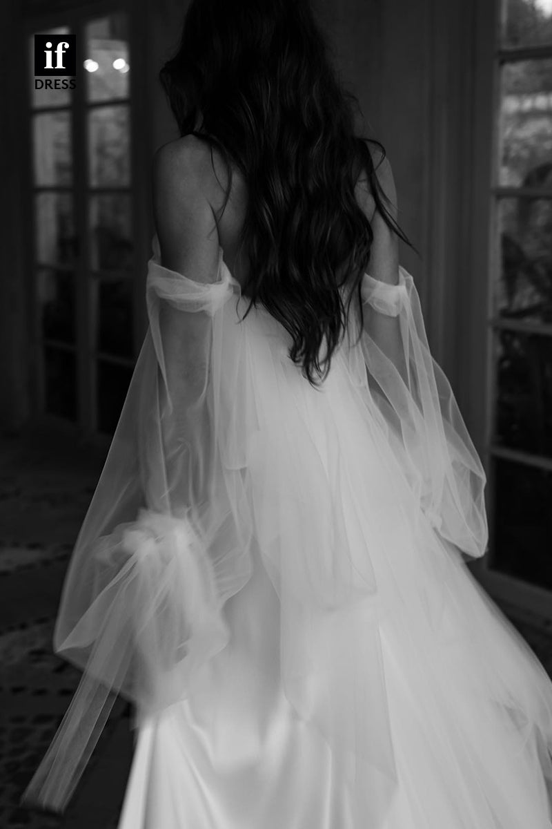 31585 - Glamorous Off-Shoulder Pleats V-Neck High Split Beach Wedding Dress