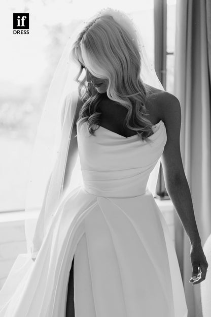 31587 - Generous A-Line Off-Shoulder V-Neck Pleats High Split Wedding Dress
