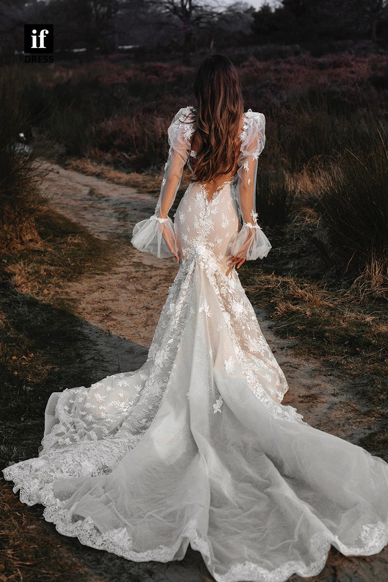 31588 -  Charming Long Sleeves V-Neck Appliques Lace Mermaid Wedding Dress