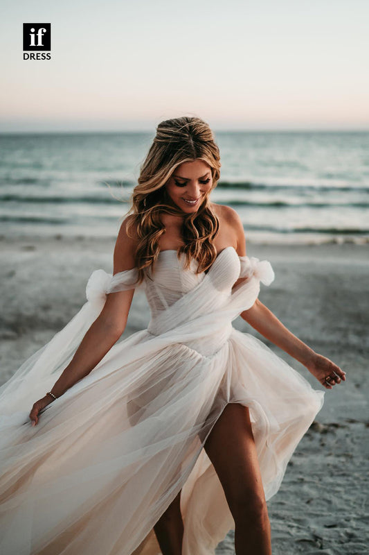 31589 - Sexy Off-Shoulder High Split Tulle Beach Wedding Dress