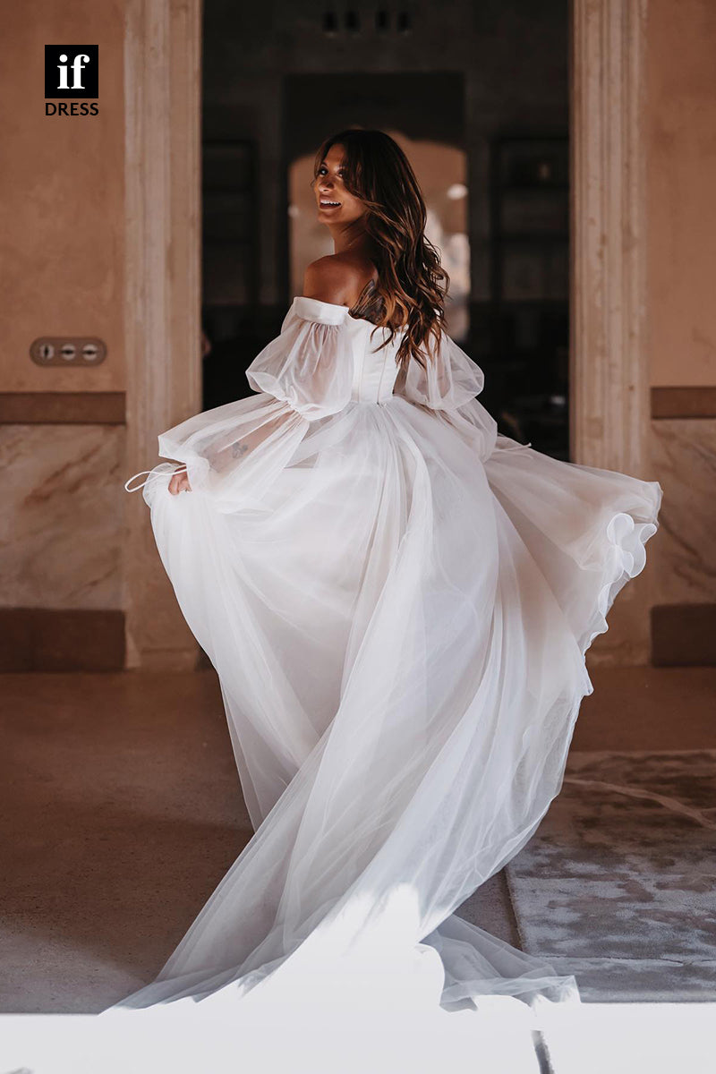 31591 - Trendy Long Sleeves Off-Shoulder Scoop Tulle Illusion Beach Wedding Dress
