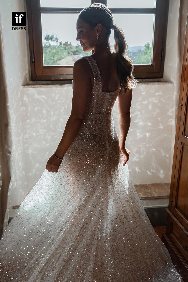 31592 - Sparkly A-Line Double Straps Scoop Sequins Wedding Dress