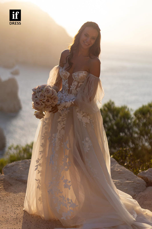 31593 - Honorable Off-Shoulder Plunging V-Neck Long Sleeves Boho Wedding Dress