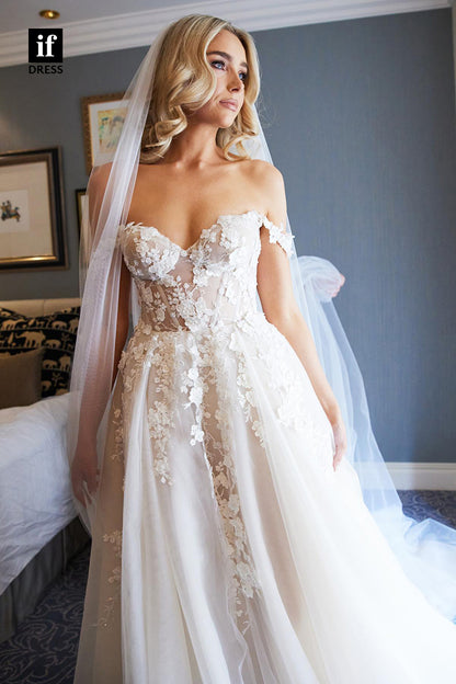 31597 - Charming Off-Shoulder Cap Sleeves Appliques Lace Wedding Dress
