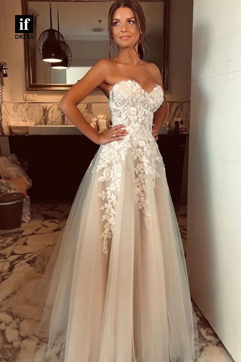 31600 - Distinctive A-Line Off-Shoulder V-Neck Appliques Lace Wedding Dress
