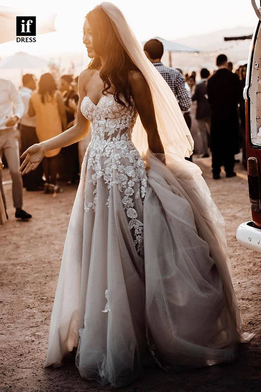 31601 - Stylish Off-Shoulder Sleeveless Side Split Appliques Lace Beach Wedding Dress