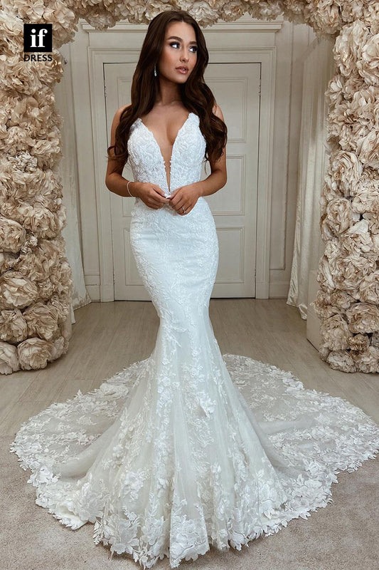 31603 - Elegant Plunging V-Neck Lace Appliques Mermaid Wedding Dress