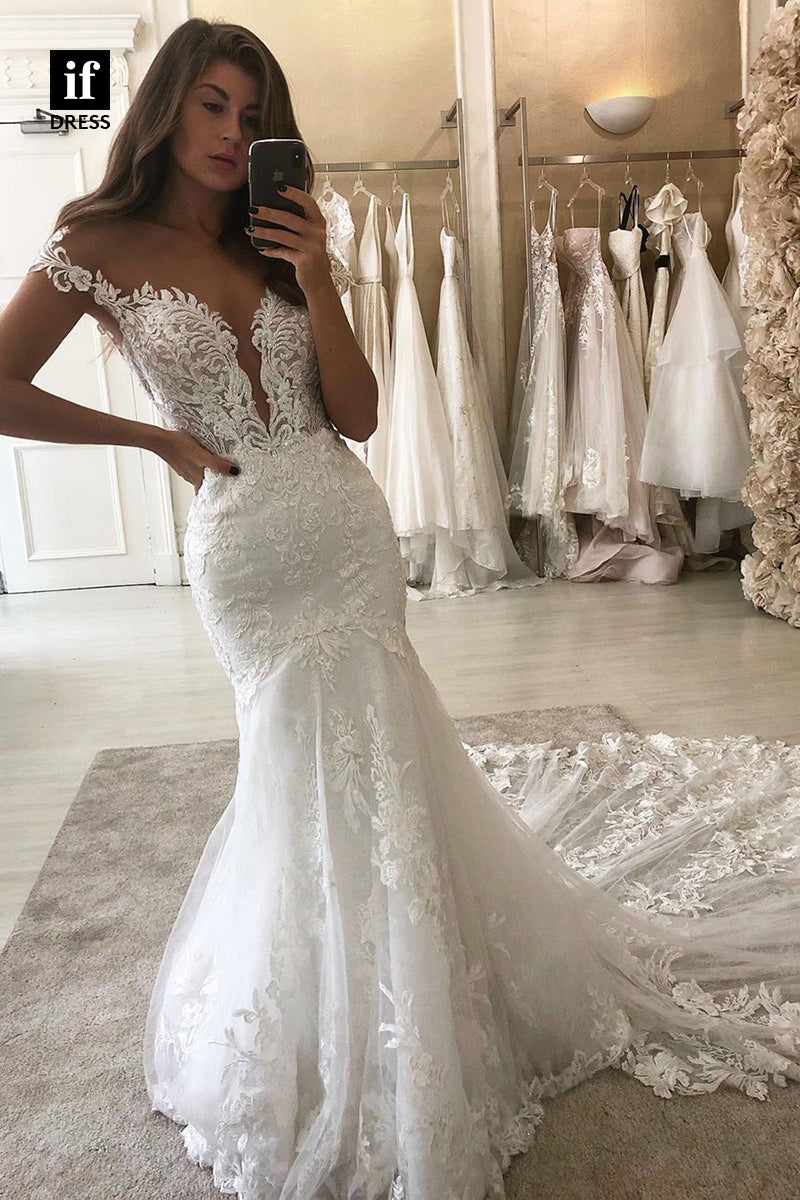 31604 - Attractive Double Straps V-Neck Lace Appliques Mermaid Wedding Dress