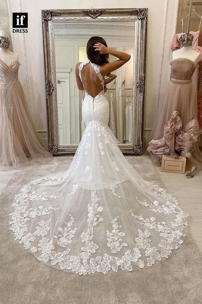 31605 - Charming Sleeveless High Neck Lace Appliques Mermaid Wedding Dress