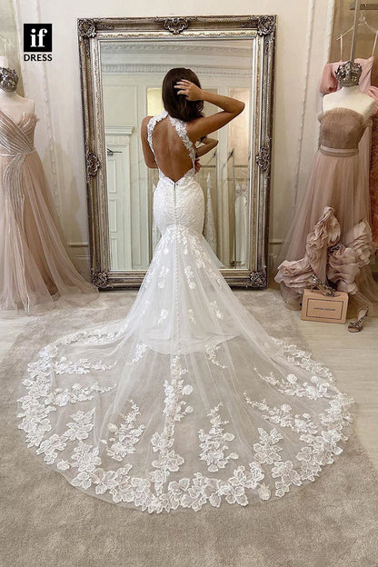 31605 - Charming Sleeveless High Neck Lace Appliques Mermaid Wedding Dress