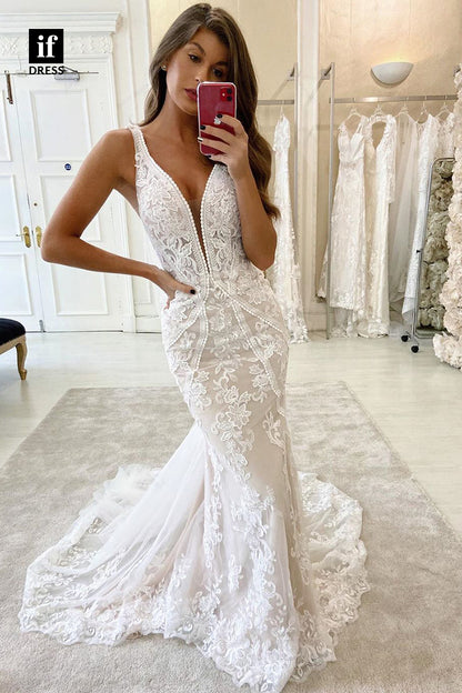 31606 - Plunging V-Neck Double Straps Lace Appliques Mermaid Wedding Dress