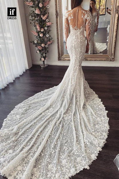 31612 - Luxurious Long Sleeves V-Neck Appliques Mermaid Wedding Dress