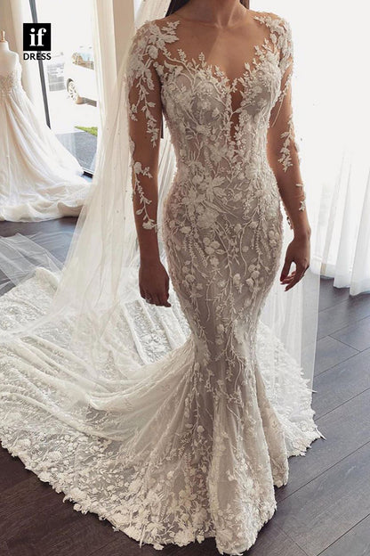 31612 - Luxurious Long Sleeves V-Neck Appliques Mermaid Wedding Dress