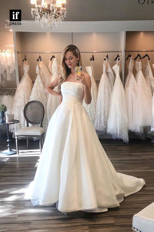 31621 - A-Line Off-Shoulder Sleeveless Satin Beach Wedding Dress