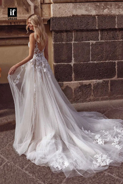 31623 - A-Line Spaghetti Sleeveless Lace Appliques Boho Wedding Dress