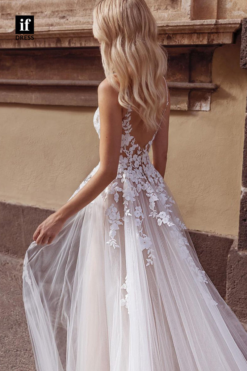 31623 - A-Line Spaghetti Sleeveless Lace Appliques Boho Wedding Dress