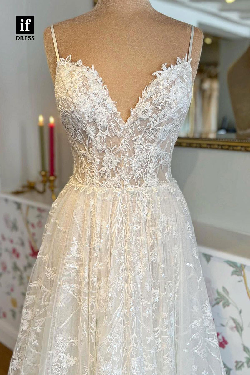 31626 - Classic Spaghetti Straps V-Neck Lace Boho Wedding Dress