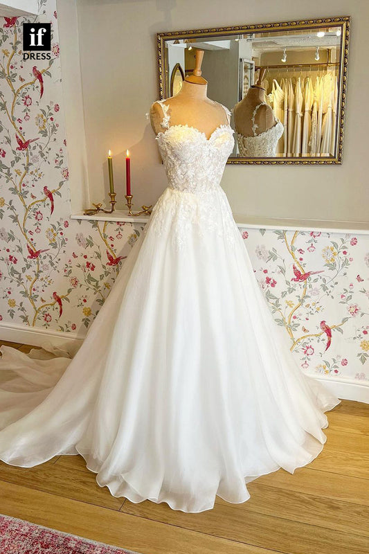 31628 - A-Line Double Straps Sweetheart Appliques Boho Wedding Dress