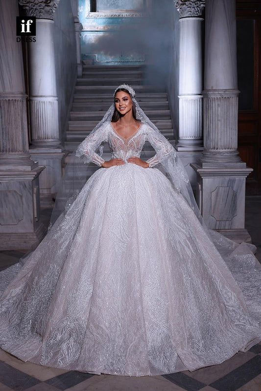31630 - Unique Long Sleeves V-Neck Ball Gown Sparkly Wedding Dress