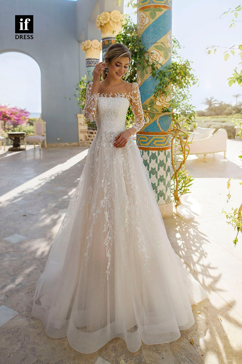 Elegant A-Line Bateau-Neck Long-Sleeves Lace Applique Tulle Pleated We IFDRESS Elegant A-Line Bateau-Neck Long-Sleeves Lace Applique Tulle Pleated We IFDRESS