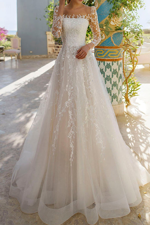 Elegant A-Line Bateau-Neck Long-Sleeves Lace Applique Tulle Pleated We – IFDRESS