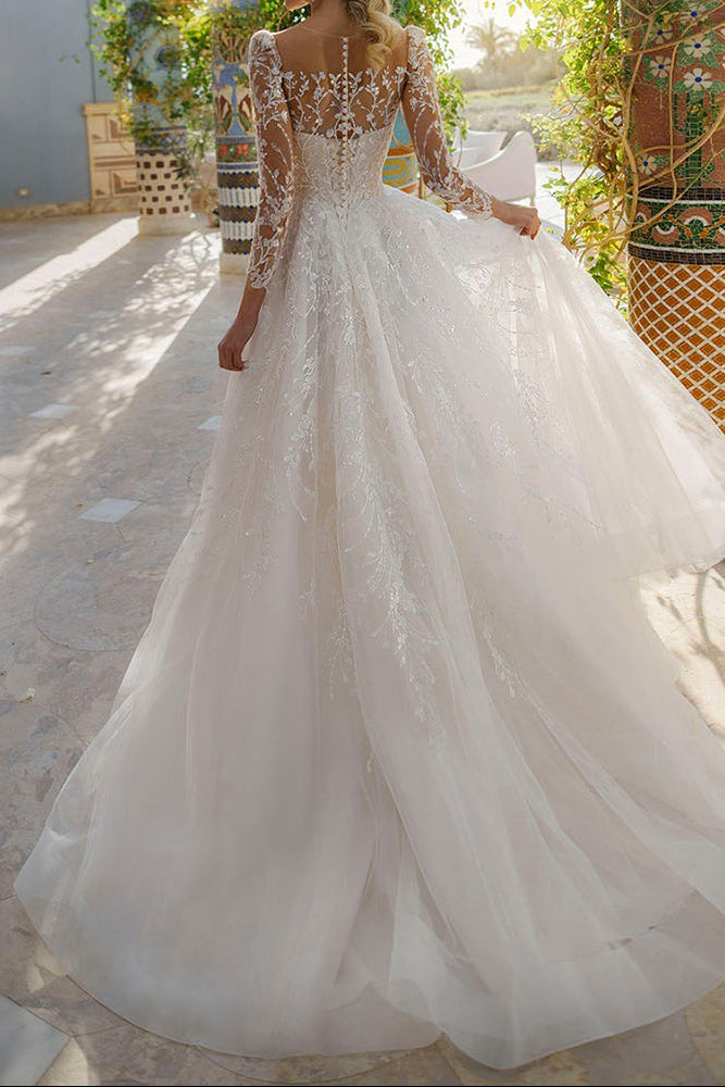 a-line scoop long sleeves floor-length with applique tulle dresses A-line V-neck Tulle Floor-length Long Sleeve Split Front Appliques Lace Vintage Prom Dress