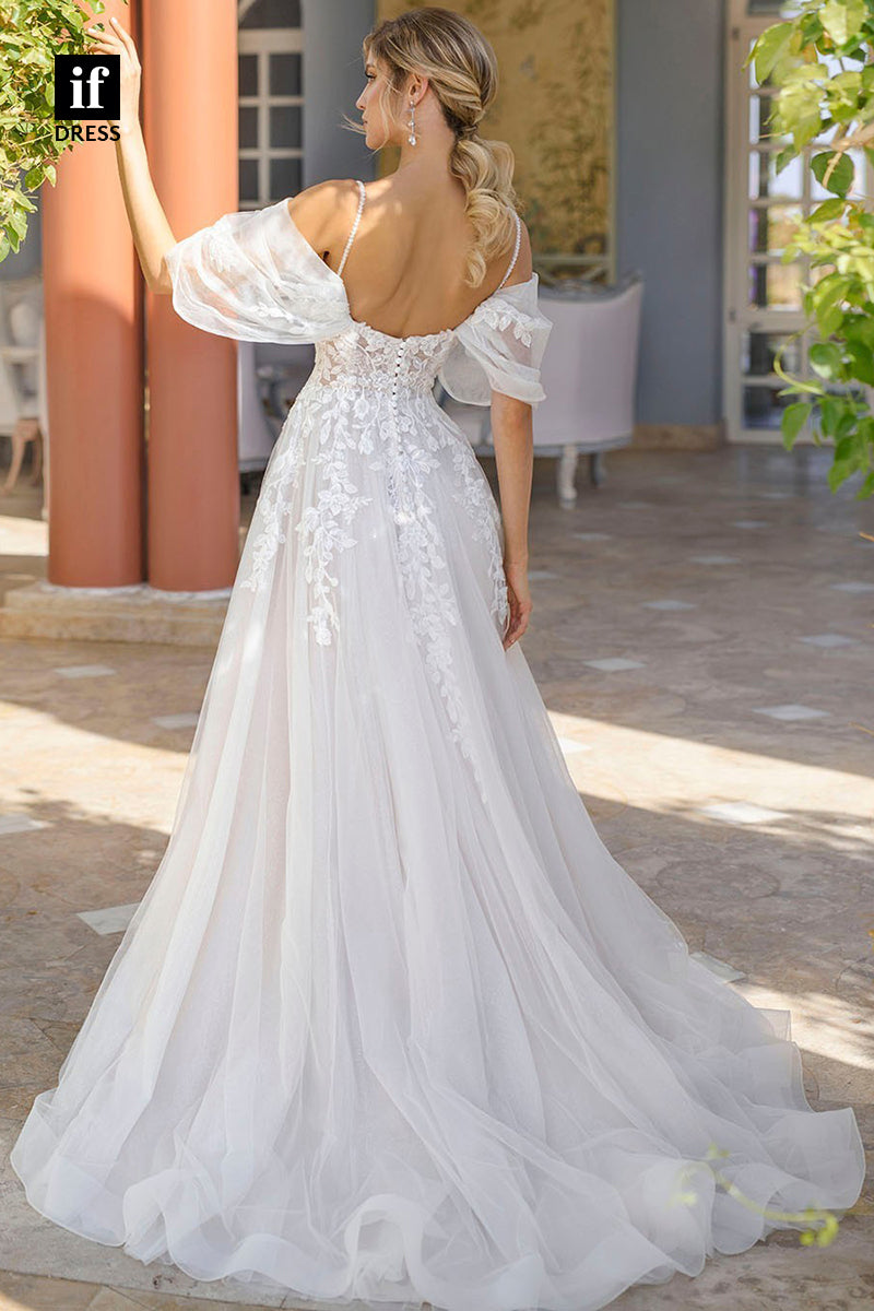 31633 - Sexy Spaghetti Straps V-Neck Side Split Boho Wedding Dress