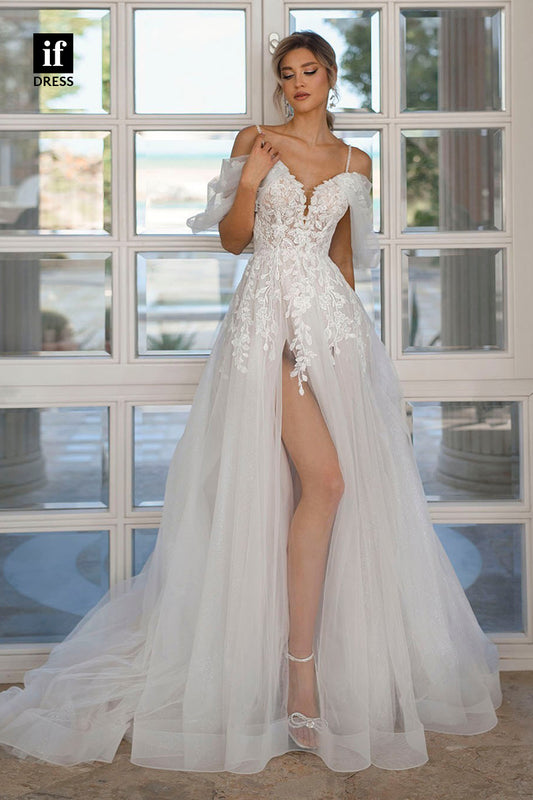 31633 - Sexy Spaghetti Straps V-Neck Side Split Boho Wedding Dress