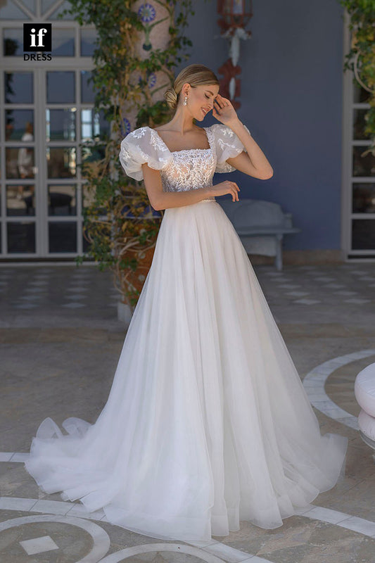 31634 - Elegant A-Line Square Cap Sleeves Boho Wedding Dress
