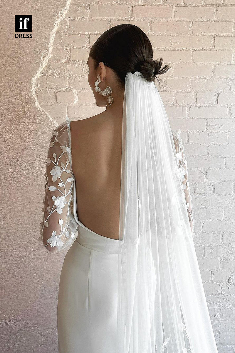 31636 - Elegant Long Sleeves V-Neck Column Satin Beach Wedding Dress
