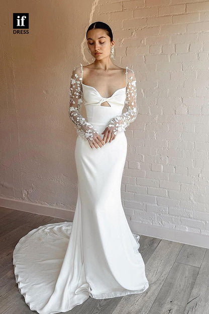 31636 - Elegant Long Sleeves V-Neck Column Satin Beach Wedding Dress