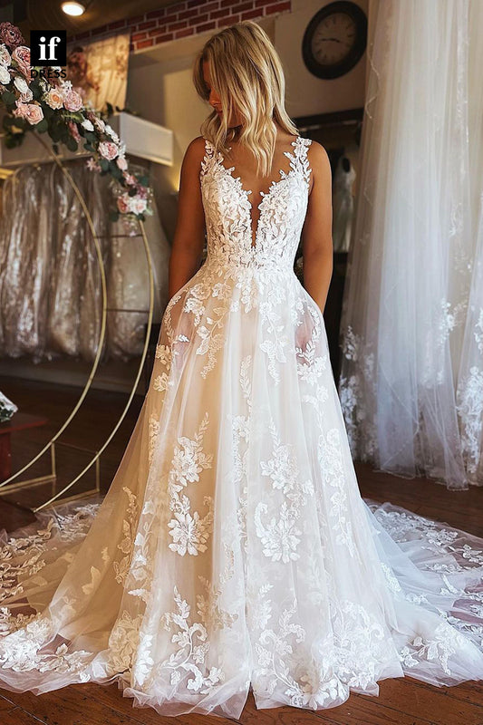 31637 - Honorable Double Straps V-Neck Lace Appliques Boho Wedding Dress