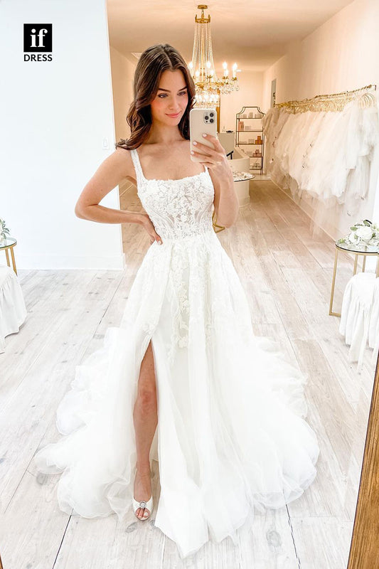 31639 - Generous Double Straps Square Lace Appliques Boho Wedding Dress