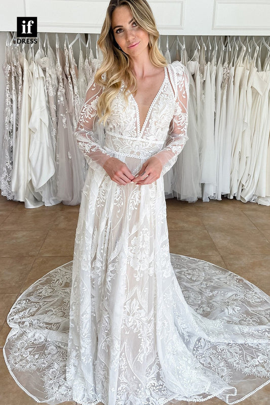 31641 - Romantic Long Sleeves Plunging V-Neck Lace Boho Wedding Dress