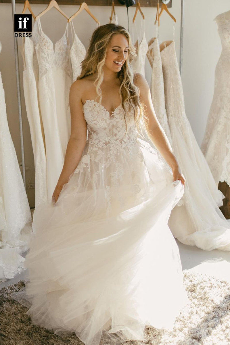 31646 - Romantic Off-Shoulder Sleeveless Appliques Tulle Boho Wedding Dress