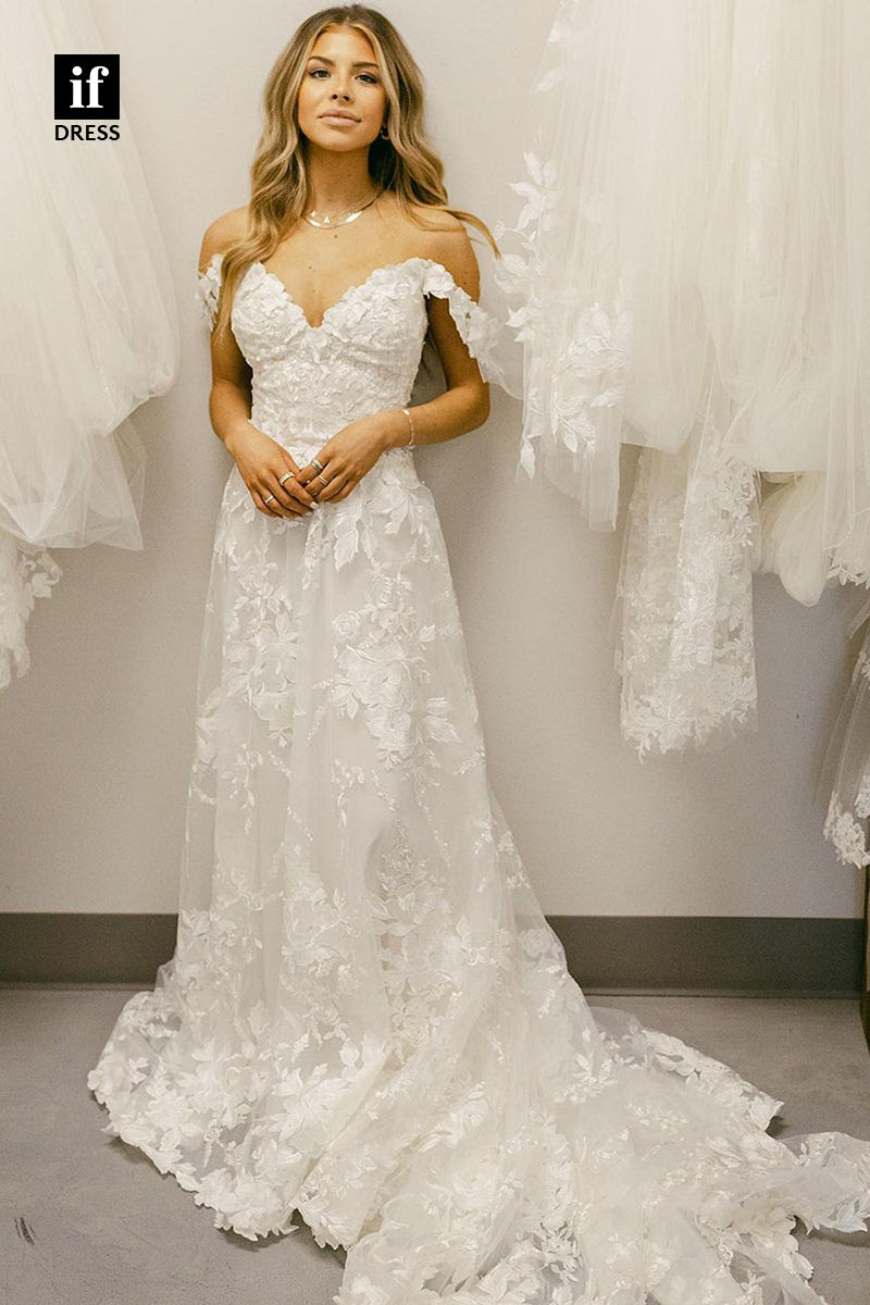 31647 - Classic A-Line Off-Shoulder V-Neck Cap Sleeves Beach Wedding Dress