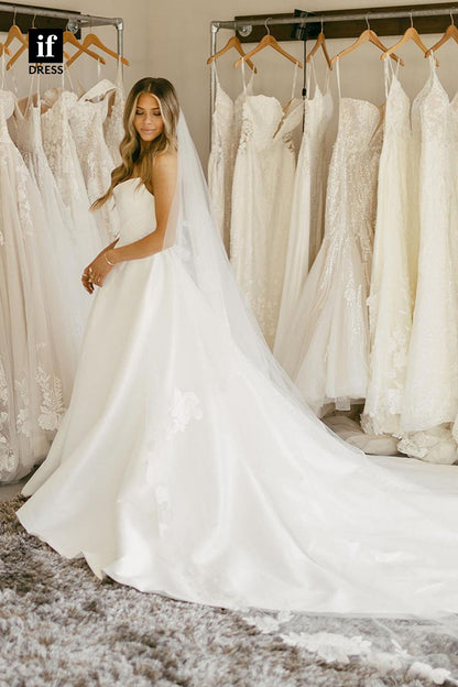 31649 - Attractive Scoop Off-Shoulder Satin Pleats Boho Wedding Dress