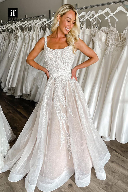 31650 - A-Line Double Straps Scoop Sleeveless Beach Wedding Dress