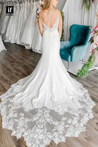 31653 - Attractive Double Straps Plunging V-Neck Lace Appliques Wedding Dress