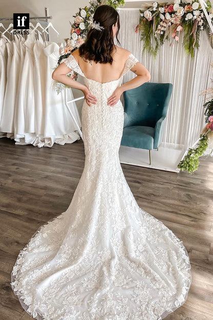31654 - Romantic Cap Sleeves Off-Shoulder Lace Appliques Boho Wedding Dress