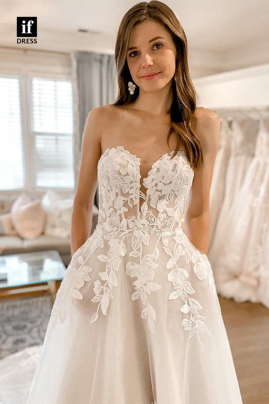31661 - Elegant Off-Shoulder Cap Sleeves Lace Appliques Beach Wedding Dress