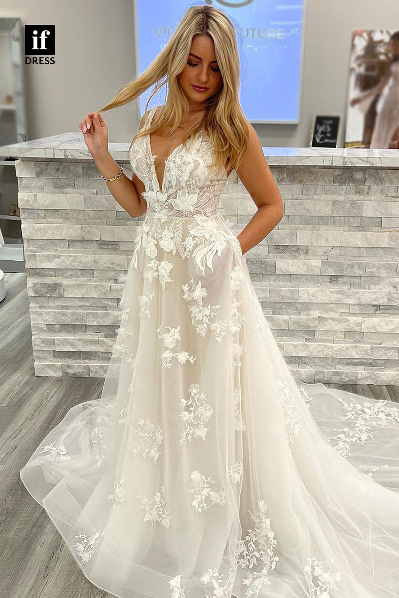 31662 - Glamorous V-Neck Straps Lace Appliques Beach Wedding Dress