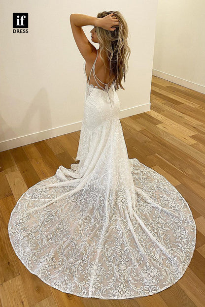 31663 - Modern Spaghetti Straps Plunging V-Neck Lace Mermaid Wedding Dress
