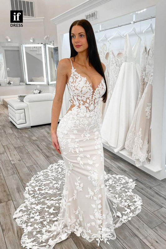 31664 - Sexy Spaghetti Straps V-Neck Lace Sleeveless Boho Wedding Dress