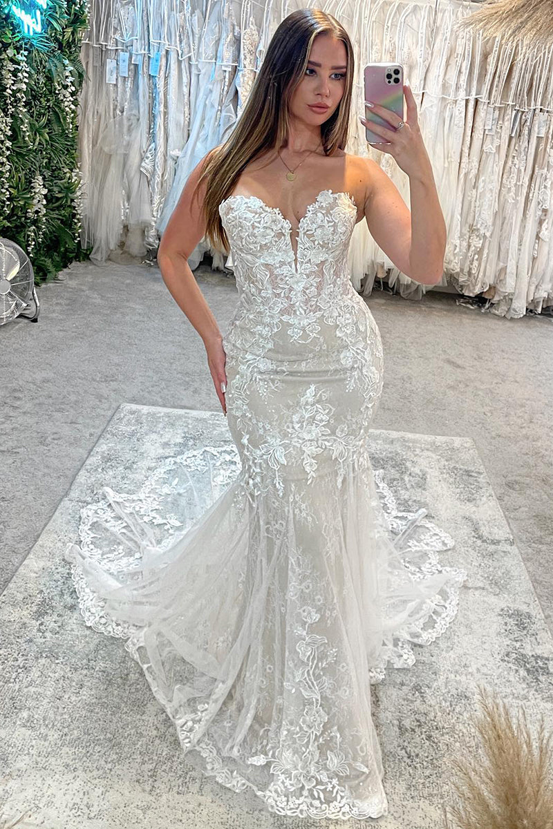 31685 - Attractive V-Neck Allover Lace Mermaid Wedding Dress Bridal Gown
