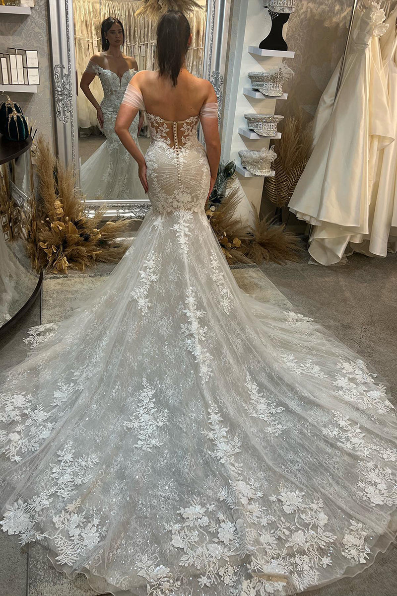 31688 - Unique Off the Shoulder Lace Mermaid Wedding Dress Bridal Gowns